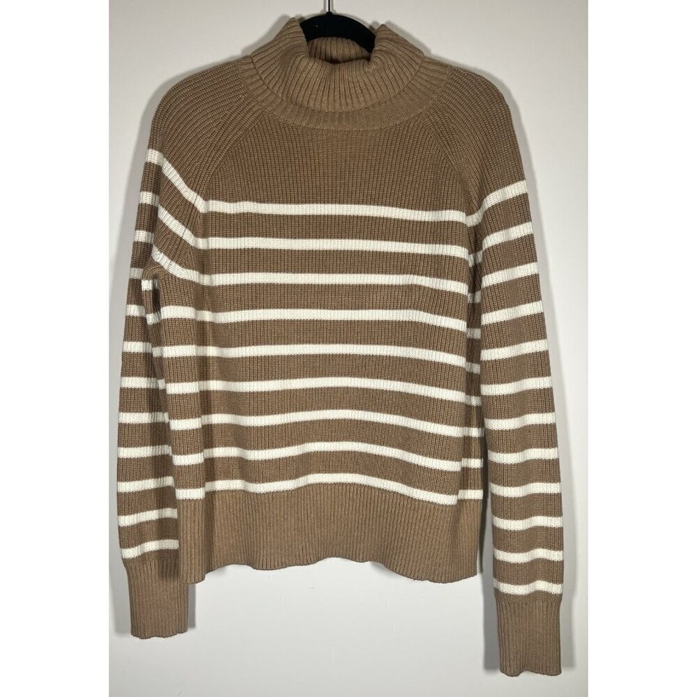 Lands' End Drifter tan white striped turtleneck cotton sweater preppy XL classic